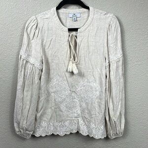 We Are Kindred Linen Blend Embroidered Long Sleeve Top Cream Coastal Boho Sz 2
